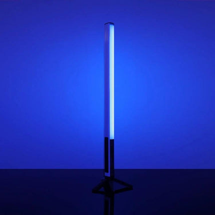 LUXCeO Mood1 50cm RGB Handheld LED Light for Photos and Videos glowing blue on tripod in studio setting