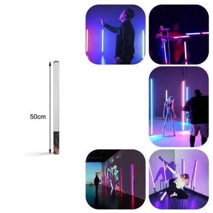 LUXCeO Mood1 50cm RGB Handheld LED Light for Photos and Videos showing 50cm RGB tube used in photoshoots, streaming, and ambient game room lighting