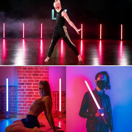 LUXCeO Mood1 50cm RGB Handheld LED Light for Photos and Videos used in studio dance and streaming scenes with vibrant red and blue ambient lighting