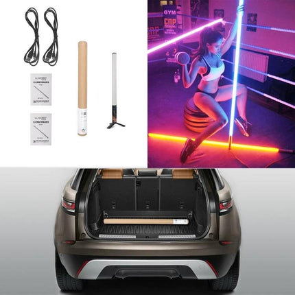 LUXCeO Mood1 50cm RGB Handheld LED Light for Photos and Videos in-action studio and car trunk scene with accessories