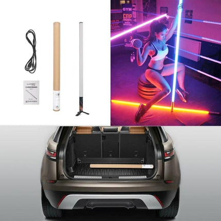 LUXCeO Mood1 85cm RGB LED Stick Light for Video and Photo showing kit, neon gym scene, and compact trunk storage