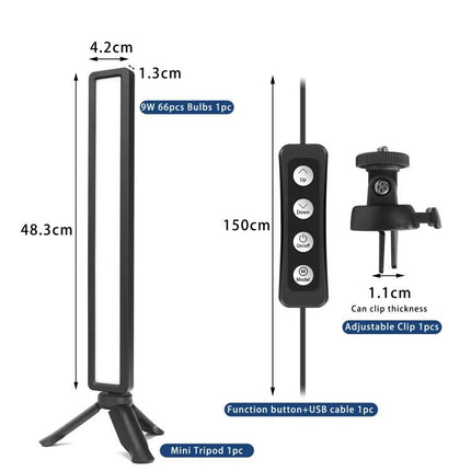 LUXCeO WS66 USB LED Light for Video Calls and Conferences slim panel with mini tripod, adjustable clip and inline control showing dimensions