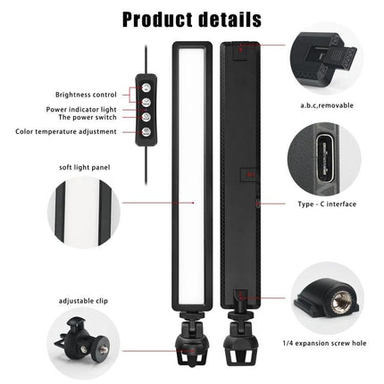 LUXCeO WS66 USB LED Light for Video Calls and Conferences showing controls, Type-C port, adjustable clip, soft light panel and mounting options
