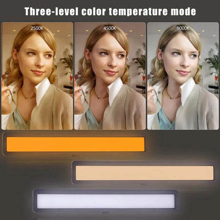 LUXCeO WS66 USB LED Light for Video Calls and Conferences showing warm, natural, and cool color modes on a subject (2500K, 4500K, 9000K)