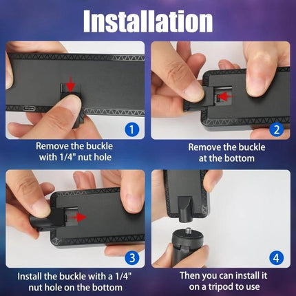 LUXCeO WS66 USB LED Light for Video Calls and Conferences installation steps showing buckle removal and tripod mounting
