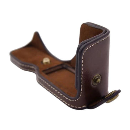 PU Leather Protective Half Case for Canon Cameras in brown synthetic leather with stitched edges and brass snap