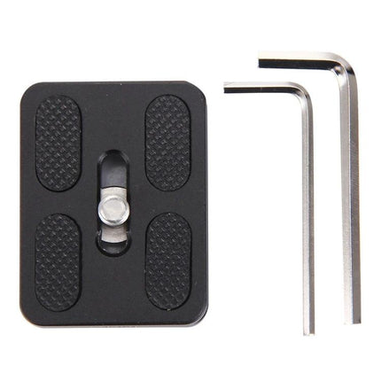 Fittest Universal Aluminum Quick Release Plate for Cameras on white background with two hex keys, Arca-compatible camera plate