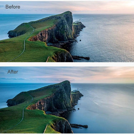 JSR ND8 Neutral Density Lens Filter for Everyday Photography Use - before and after landscape showing smoother sea and balanced exposure