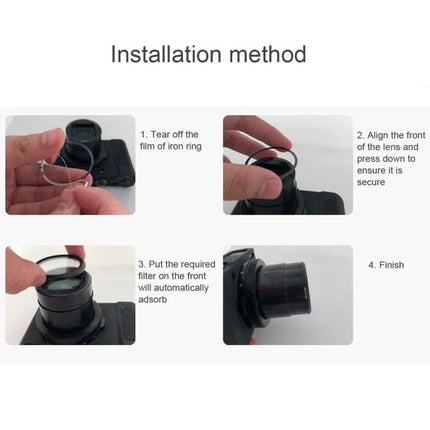 JSR Night Lens Filter for Enhanced Landscape Shots on Panasonic LUMIX LX10 installation steps showing how to attach the filter to the LX10 lens