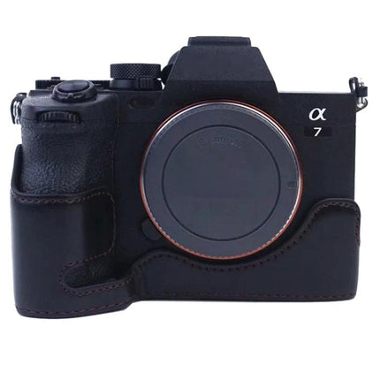 PU Leather Half Case for Sony A7 IV with 1/4 Inch Thread fitted on Sony A7 camera showing front view and 1/4 inch tripod thread access