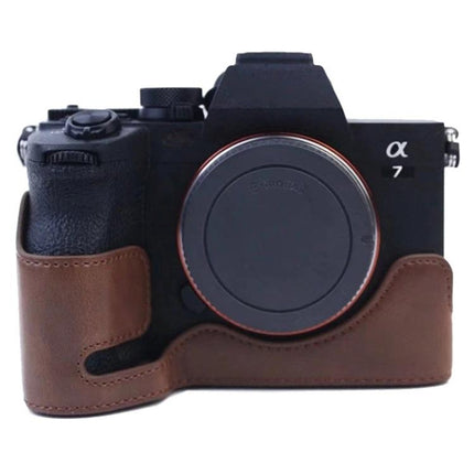 PU Leather Half Case for Sony A7 IV with 1/4 Inch Thread fitted on Sony A7 camera in brown PU leather showing front protective half-case