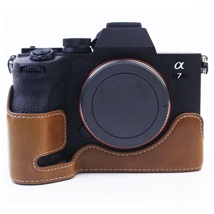 PU Leather Half Case for Sony A7 IV with 1/4 Inch Thread - brown PU leather half case on Sony A7 camera, protective low-profile design, easy access controls