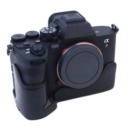 PU Leather Half Case for Sony A7 IV with 1/4 Inch Thread shown on Sony A7 IV in black, protecting body while allowing control access