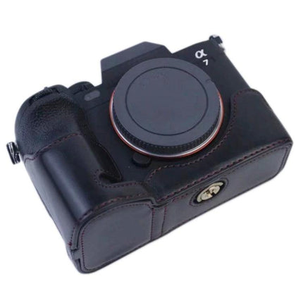 PU Leather Half Case for Sony A7 IV with 1/4 Inch Thread - black PU leather half-cover protecting Sony A7 IV body with bottom 1/4 inch tripod thread