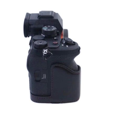 PU Leather Half Case for Sony A7 IV with 1/4 Inch Thread - black PU leather half case on Sony A7 IV showing side controls and 1/4 inch tripod thread
