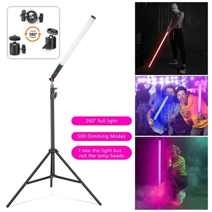 LUXCeO 85cm RGB LED Stick Light for Video and Photography mounted on a stand showing colorful RGB modes and portable battery use