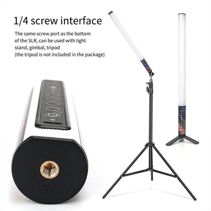 LUXCeO Mood1 50cm RGB LED Stick for Video and Photo Lighting showing 1/4 screw interface on base and mounted on tripod