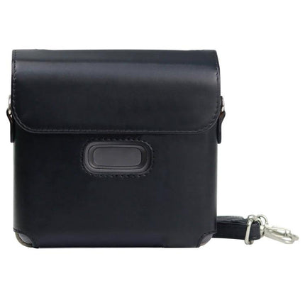 FUJIFILM Instax Link WIDE Protective PU Leather Case with Strap in black, front view with adjustable strap and metal clip