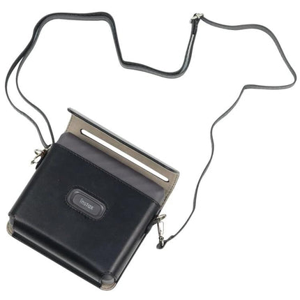 FUJIFILM Instax Link WIDE Protective PU Leather Case with Strap in black showing adjustable shoulder strap and front cover