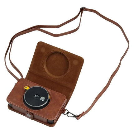 PU Leather Protective Case for Kodak Mini Shot2 Retro Camera with Strap brown case with crossbody strap open showing camera access