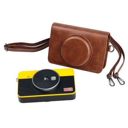 PU Leather Protective Case for Kodak Mini Shot2 Retro Camera with Strap brown case beside yellow Kodak Mini Shot camera