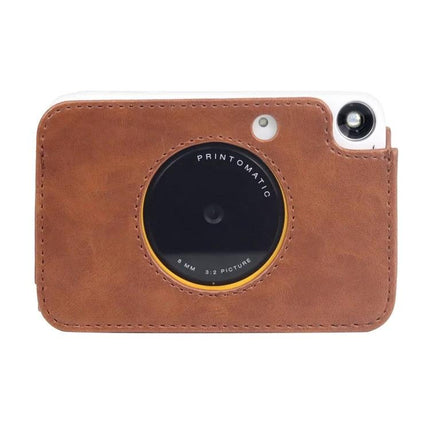 Kodak Printomatic PU Leather Camera Case with Strap protecting brown PU leather cover on camera with quick-detachable front and back for easy access