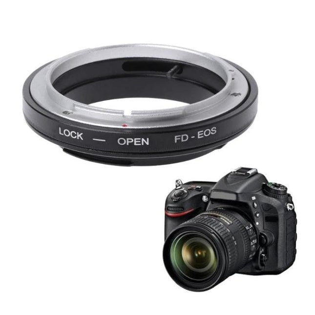 Canon FD to EOS Manual Lens Mount Adapter for Photography attached to DSLR showing adapter and legacy FD lens compatibility