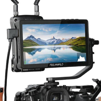 FEELWORLD F5 Pro V4 6 Inch Touch Screen Field Monitor for Cameras mounted on DSLR showing landscape preview and waveform