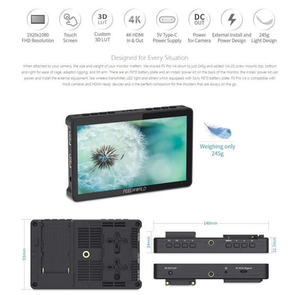 FEELWORLD F5 Pro V4 6 Inch Touch Screen Field Monitor for Cameras showing 6-inch IPS display, ports, and lightweight 245g design