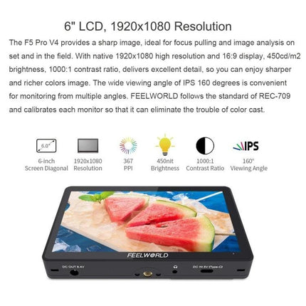FEELWORLD F5 Pro V4 6 Inch Touch Screen Field Monitor for Cameras showing 6-inch 1920x1080 IPS display with sample image