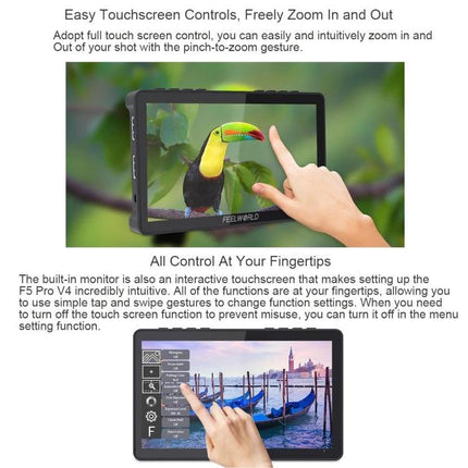 FEELWORLD F5 Pro V4 6 Inch Touch Screen Field Monitor for Cameras showing touchscreen zoom and touch controls with toucan image