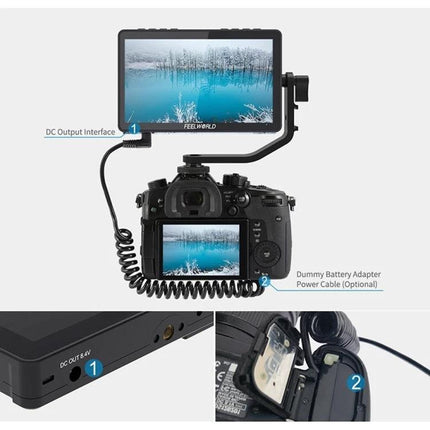 FEELWORLD F5 Pro V4 6 Inch Touch Screen Field Monitor for Cameras mounted above DSLR showing DC output and battery adapter cable