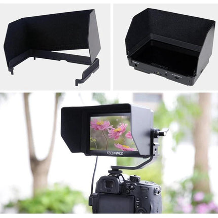 FEELWORLD F5 Pro V4 6 Inch Touch Screen Field Monitor for Cameras mounted on DSLR with sunshade showing floral image
