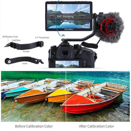FEELWORLD F5 Pro V4 6 Inch Touch Screen Field Monitor for Cameras mounted on DSLR showing 360° rotation, microphone and color calibration before/after