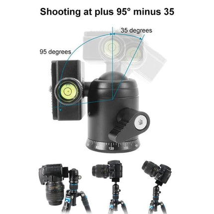 BEIXIN Metal Ball Head for Panoramic Camera Mounting and Angles showing 95° up and 35° down tilt with all-metal construction and level for tripod use