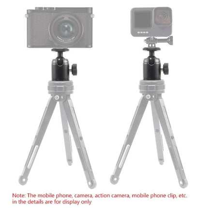 BEXIN Mini 360-Degree Panoramic Metal Ball Head for Photography mounted on compact tripod with camera and action cam