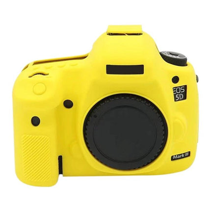 Soft Silicone Protective Case for Canon EOS 5DS Camera in bright yellow fitted on DSLR body, soft stretchable silicone snug-fit protection