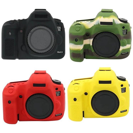 Soft Silicone Protective Case for Canon EOS 5DS Camera in black, camo, red and yellow silicone covers shown on front of camera bodies