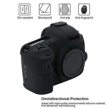 Soft Silicone Protective Case for Canon EOS 5DS Camera shown on black camera body highlighting dirt-resistant, shockproof, anti-slip, anti-fingerprint features