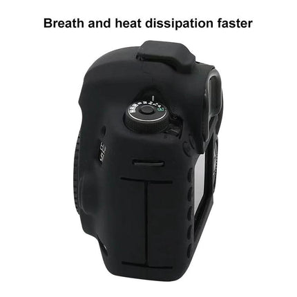 Soft Silicone Protective Case for Canon EOS 5DS Camera – black stretchable silicone cover showing top and back with heat dissipation vents