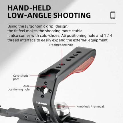 YELANGU Handheld Video Stabilizer Top Handle for Camera Cages ergonomic aluminum alloy and wood top handle for low-angle shooting