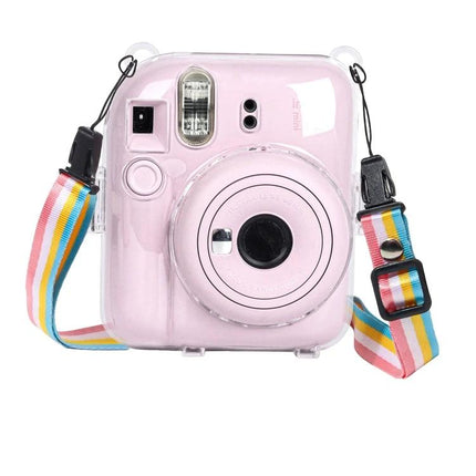 Protective Crystal Hard Case with Strap for Fujifilm Instax Mini 12 transparent pink camera cover with rainbow strap