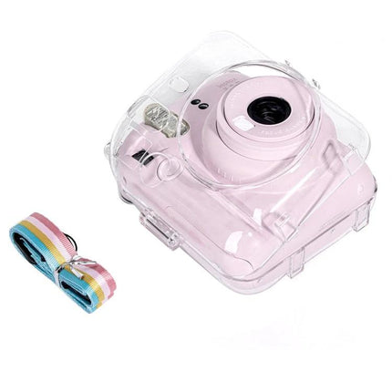 Protective Crystal Hard Case with Strap for Fujifilm Instax Mini 12 showing transparent hard shell and rainbow strap on pink camera