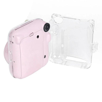 Protective Crystal Hard Case with Strap for Fujifilm Instax Mini 12 showing transparent hard shell beside pink Instax Mini 12