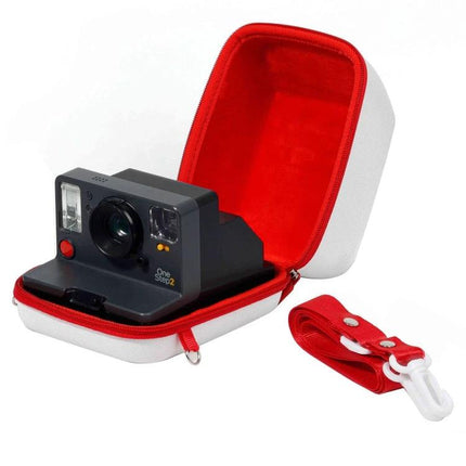 Shockproof EVA Camera Case for Polaroid One Step 2 open white and red EVA case showing OneStep 2 camera and detachable red strap
