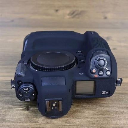 Soft Silicone Protective Case for Nikon Z9 Mirrorless Camera fitted on top-down Nikon Z9 body, black stretchable silicone protection