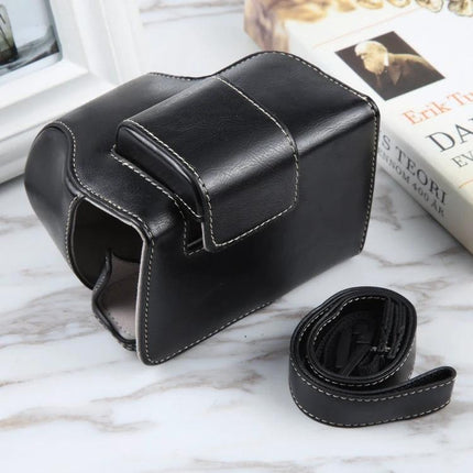 Full Body Leather Camera Case for Nikon Z50 and Z30 Models - black stitched protective leather camera cover with strap