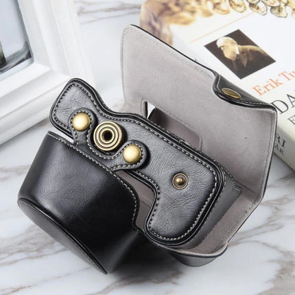 Full Body Leather Camera Case for Nikon Z50 and Z30 Models - black protective leather camera case with brass buttons and open top