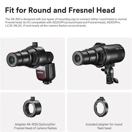 Godox AK-R25 Square Flash Head Adapter for AK-R21 Projection shown mounted on round and Fresnel Godox heads in studio setups