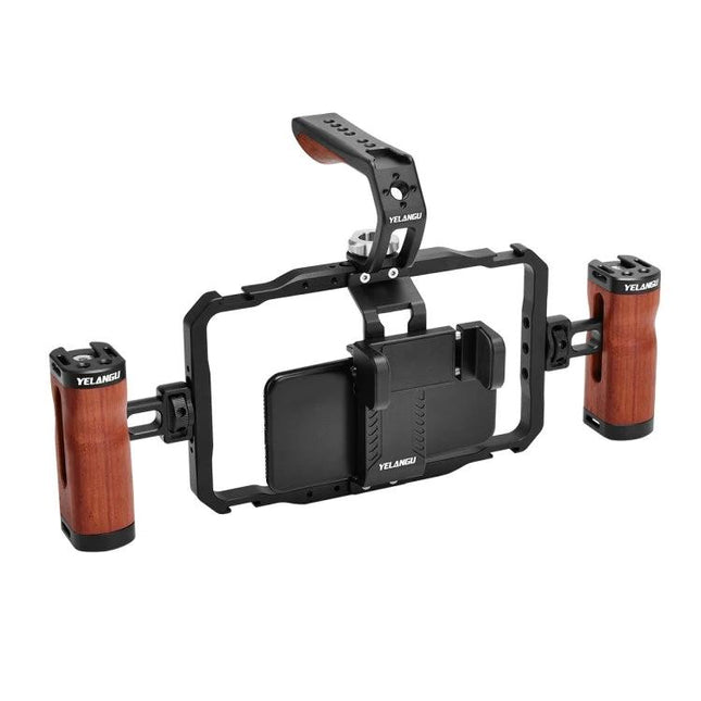 YELANGU Versatile Smartphone Video Stabilizer for Vlogging handheld cage rig with wooden side handles and top grip for steady mobile filming